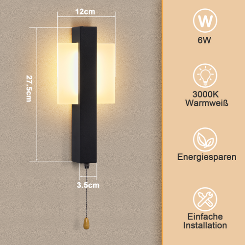 Applique Murale LED Intérieur 6w Moderne 3000k Noir Lampe De Chambre Pour Couloir