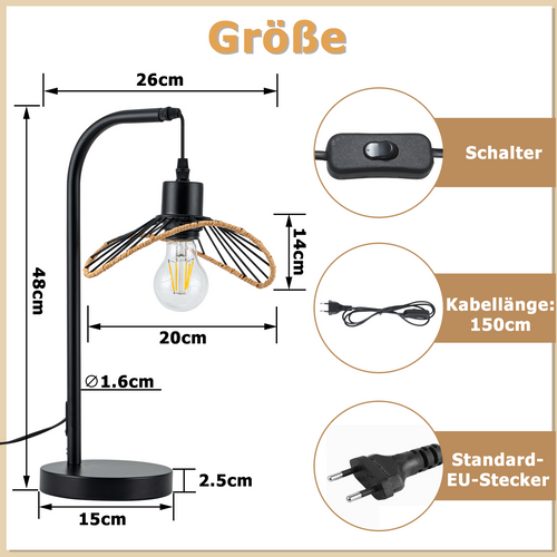 Lampe de Table Vintage Lampe de chevet Noir E27 Pour Bureau Sans Ampoule