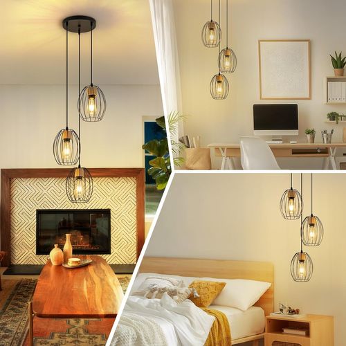 Suspension Noir E27 Métal 3 Flammes Vintage Hauteur Réglable Sans Ampoule