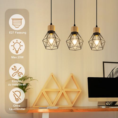 Suspension Vintage 3 Flamme Métal Noir E27 Sans Ampoule