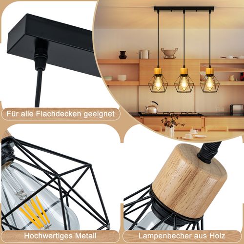 Suspension Vintage 3 Flamme Métal Noir E27 Sans Ampoule