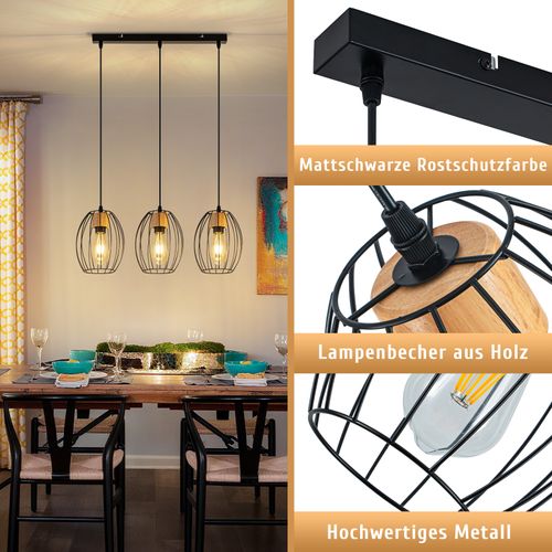 Lampe Suspension 3 Flammes E27 Vintage Noire Pour Salon Chambre