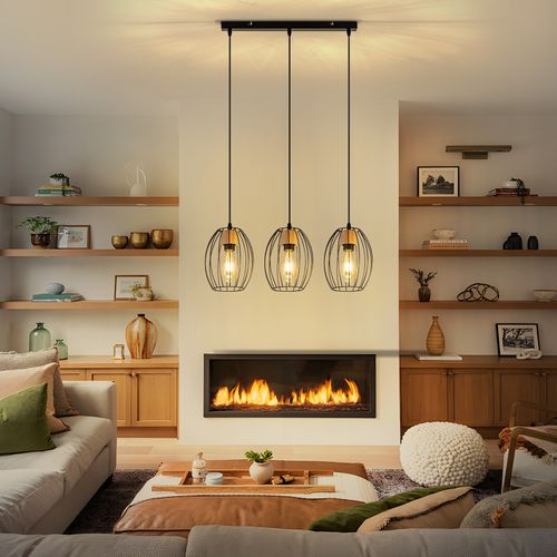 Lampe Suspension 3 Flammes E27 Vintage Noire Pour Salon Chambre