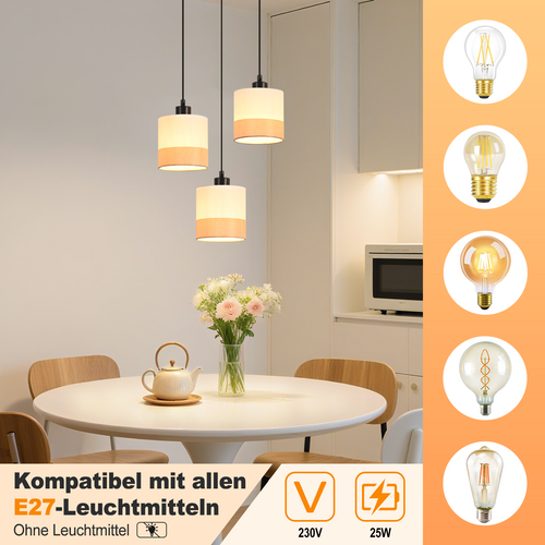 Suspension 3 Flamme Moderne Blanc Avec Abat-jour En Tissu E27 Pour Cuisine