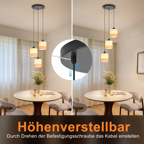 Suspension 3 Flamme Moderne Blanc Avec Abat-jour En Tissu E27 Pour Cuisine