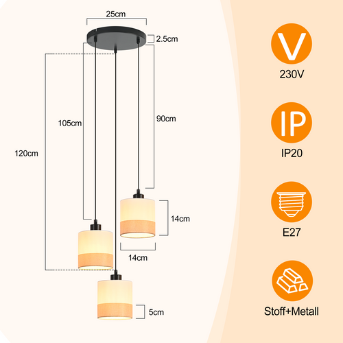 Suspension 3 Flamme Moderne Blanc Avec Abat-jour En Tissu E27 Pour Cuisine