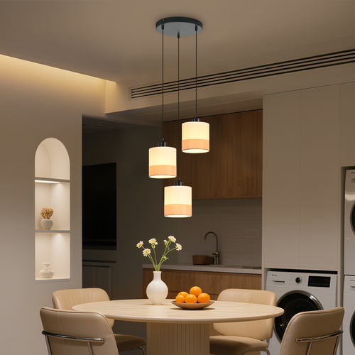 Suspension 3 Flamme Moderne Blanc Avec Abat-jour En Tissu E27 Pour Cuisine