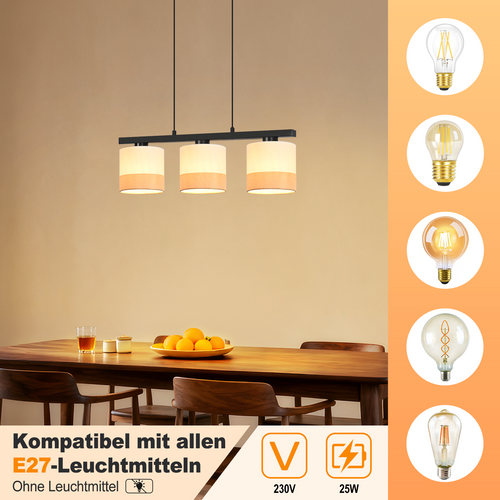 Suspension 3 Flammes Blanc E27 Tissu Moderne 120cm Hauteur Réglable