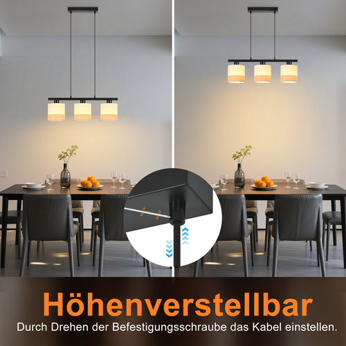 Suspension 3 Flammes Blanc E27 Tissu Moderne 120cm Hauteur Réglable