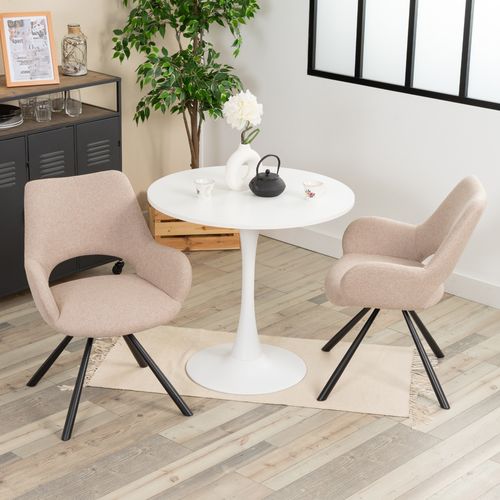 Table ronde blanche MDF pied métal avec 2 chaises tissu beige style moderne
