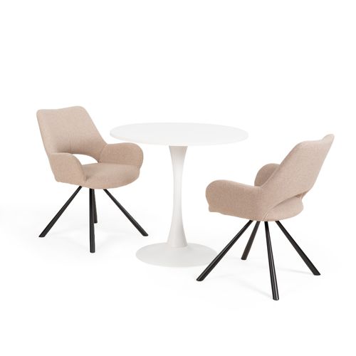 Table ronde blanche MDF pied métal avec 2 chaises tissu beige style moderne