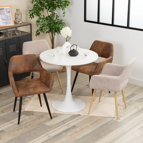 Ensemble Table à Manger Ronde Blanche Mdf Style Scandinave Avec 4 Chaises Tissu Beige Et Marron