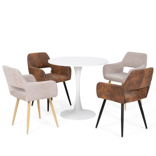 Ensemble Table à Manger Ronde Blanche Mdf Style Scandinave Avec 4 Chaises Tissu Beige Et Marron