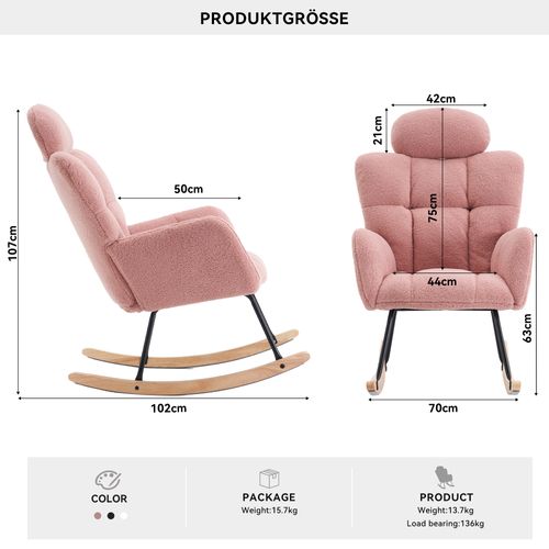Fauteuil à Bascule Rembourré En Tissu Teddy Pour Salon, Chambre à Coucher, Rose