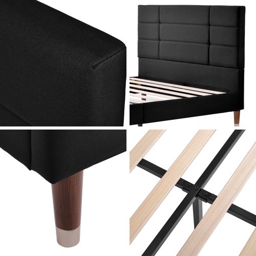 Lit Adulte Lit Capitonné 140 X 200 Cm Avec Sommier à Lattes Et Tête De Lit, Lin, Noir
