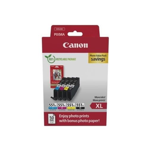 Multipack Cartouches D'encre + Pack Papiers Photo - Canon - Cli-551xl Noir/cyan/magenta/jaune