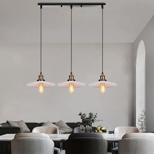 Suspension Vintage E27 Plafonnier De Chambre 3 Lampes Lustre Abat-jour Métal Blanc