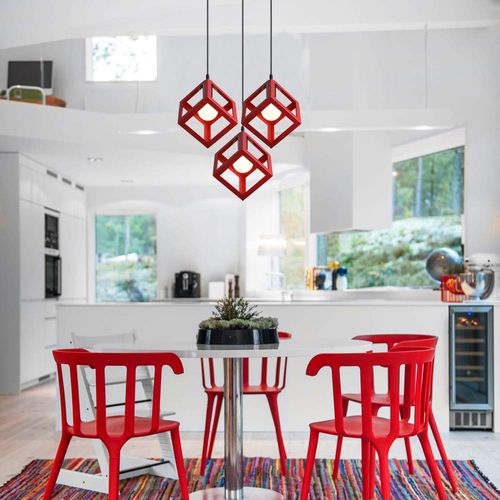 Suspension Moderne Géométrique 3 Lumières Métal E27 Pour Chambre Salon Cuisine Rouge