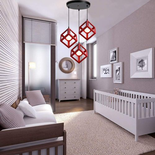 Suspension Moderne Géométrique 3 Lumières Métal E27 Pour Chambre Salon Cuisine Rouge
