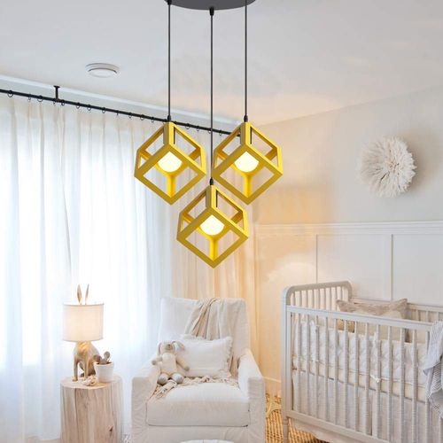 Suspension Moderne Géométrique 3 Lumières Métal E27 Pour Chambre Salon Cuisine Jaune