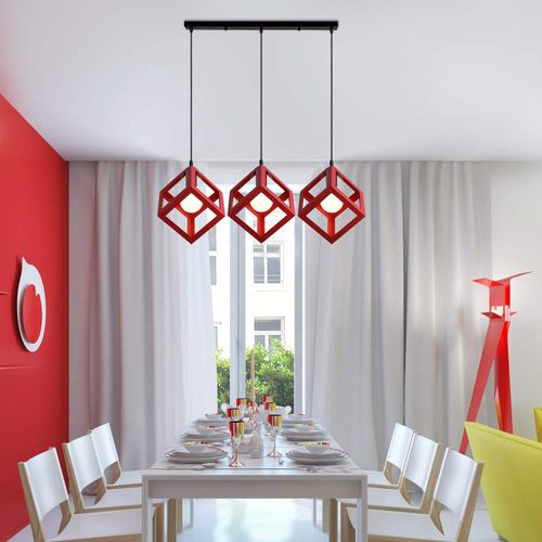 Suspension Moderne Géométrique 3 Lampes E27 Lustre Métal Pour Chambre Salon Cuisine Rouge