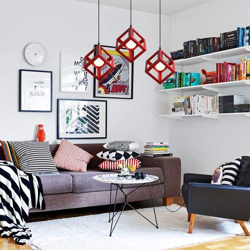 Suspension Moderne Géométrique 3 Lampes E27 Lustre Métal Pour Chambre Salon Cuisine Rouge