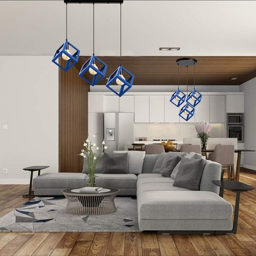 Suspension Moderne Géométrique 3 Lampes E27 Lustre Métal Pour Chambre Salon Cuisine Bleu