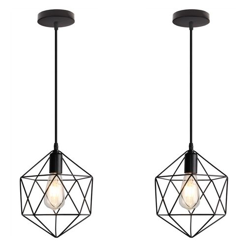 2 Pack Lustre Suspension Industriel Rétro E27 Lampe De Plafond Forme De Diamant Plafonnier Noir
