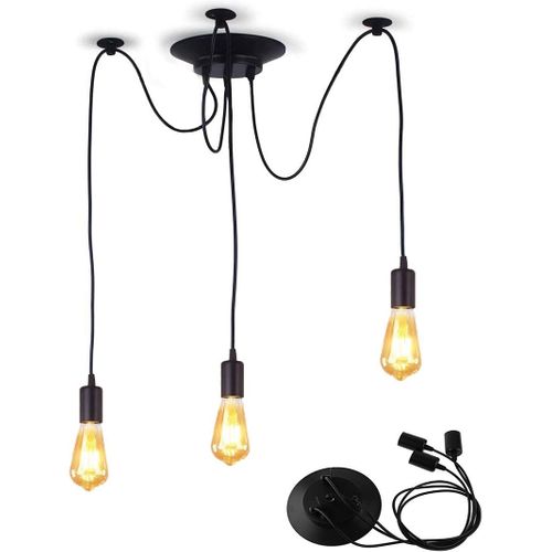 Lustre Suspension Industriel Araignées 3 Têtes Éclairage Plafonniers Rétro Sans Ampoule 1,5m Noir