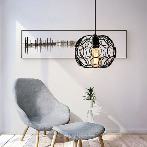 Suspension Industrielle Rond Lustre Abat-jour En Métal E27 Pour Salon Chambre Cuisine Noir