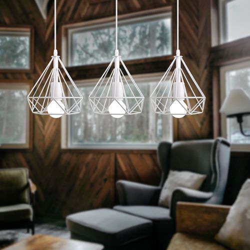 Lustre Suspension Industriel 3 Lampes Abat-jour En Métal Diamant Blanc