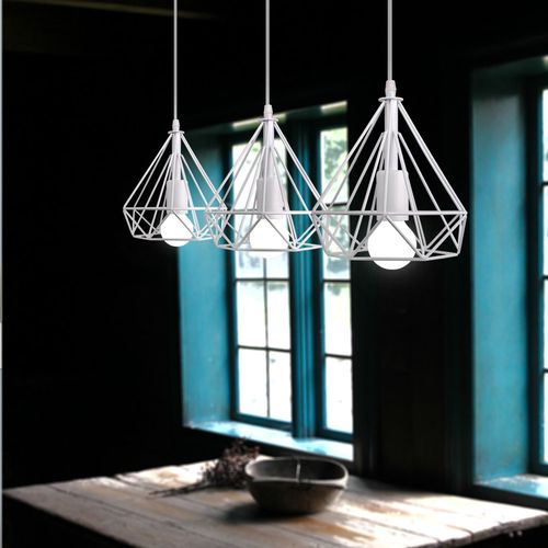 Lustre Suspension Industriel 3 Lampes Abat-jour En Métal Diamant Blanc