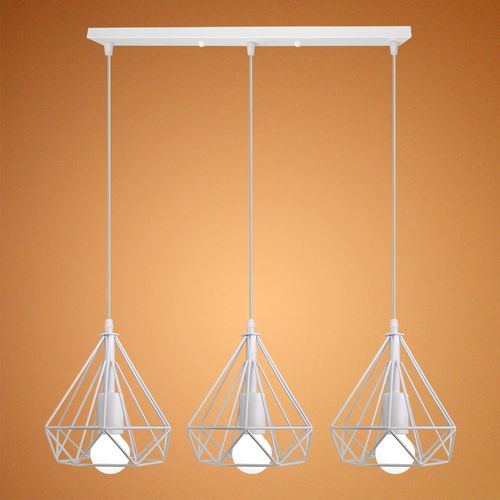 Lustre Suspension Industriel 3 Lampes Abat-jour En Métal Diamant Blanc
