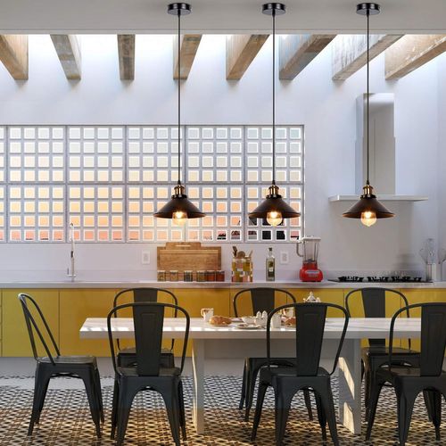 Suspension Industrielle E27 Lustre Vintage 22cm Lampe De Plafond Abat-jour Noir