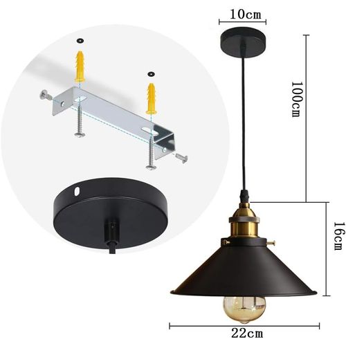 Suspension Industrielle E27 Lustre Vintage 22cm Lampe De Plafond Abat-jour Noir