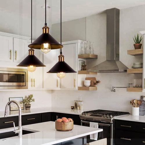 Suspension Industrielle E27 Lustre Vintage 3 Luminaires De Plafond Abat-jour 22cm Noir