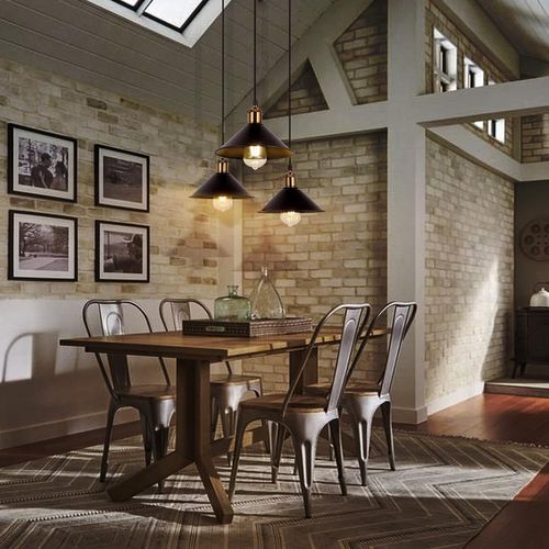 Suspension Industrielle E27 Lustre Vintage 3 Luminaires De Plafond Abat-jour 22cm Noir