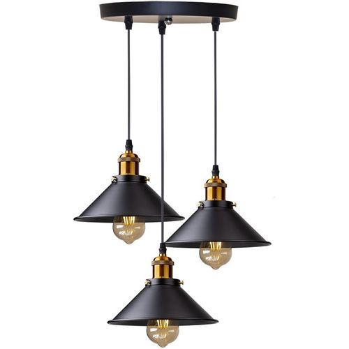 Suspension Industrielle E27 Lustre Vintage 3 Luminaires De Plafond Abat-jour 22cm Noir