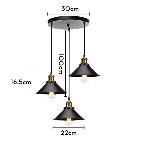 Suspension Industrielle E27 Lustre Vintage 3 Luminaires De Plafond Abat-jour 22cm Noir