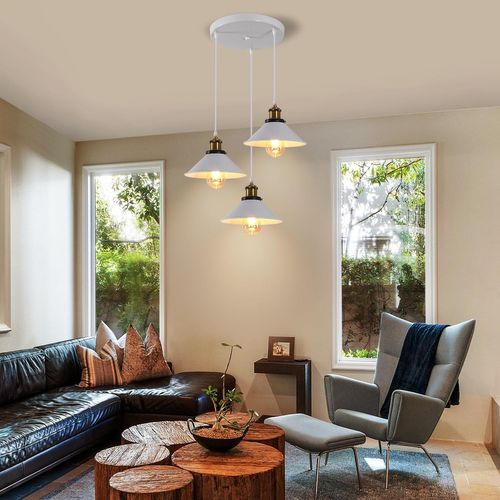 Suspension Industrielle E27 Lustre Vintage 3 Lampes De Plafond Abat-jour 22cm Blanc