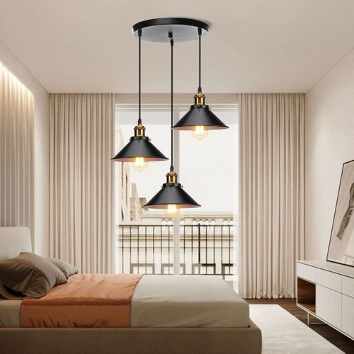 Suspension Industrielle E27 Lustre Vintage 3 Lampes De Plafond Abat-jour 22cm Noir