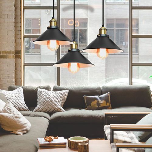 Suspension Industrielle E27 Lustre Vintage 3 Lampes De Plafond Abat-jour 22cm Noir