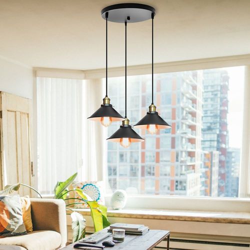 Suspension Industrielle E27 Lustre Vintage 3 Lampes De Plafond Abat-jour 22cm Noir