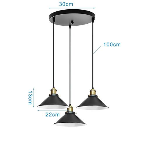 Suspension Industrielle E27 Lustre Vintage 3 Lampes De Plafond Abat-jour 22cm Noir
