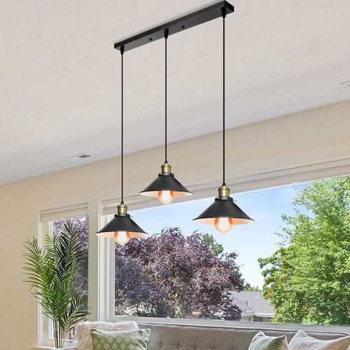 Suspension Industrial 3 Luminaires Lustre Vintage Abat-jour 22cm Noir