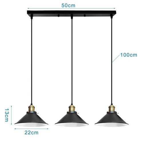 Suspension Industrial 3 Luminaires Lustre Vintage Abat-jour 22cm Noir