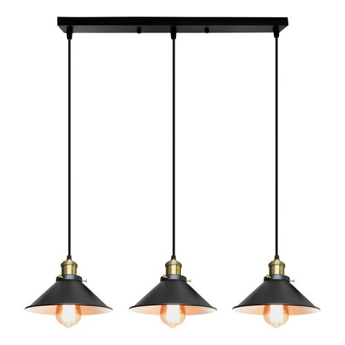 Suspension Industrial 3 Luminaires Lustre Vintage Abat-jour 22cm Noir