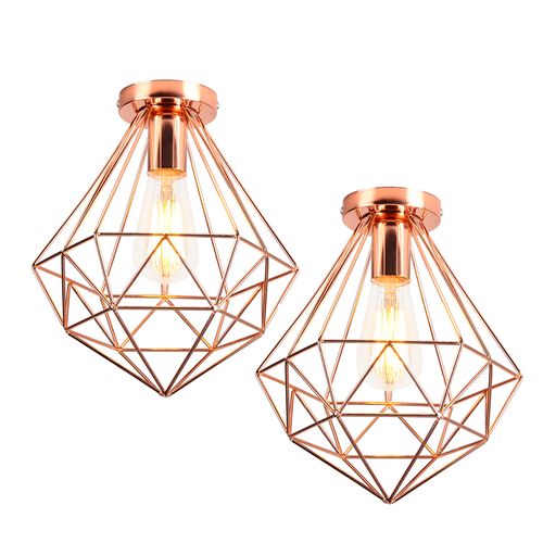 Lot De 2 Plafonnier Moderne Diamant 26cm Luminaire Abat-jour En Métal Lampe De Plafond E27 Rose