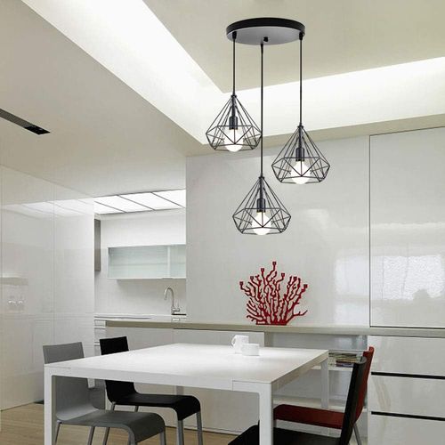 Suspension Industrielle Diamant 3 Lumière Abat-jour Métal Pour Restaurant Salle Chambre Noir