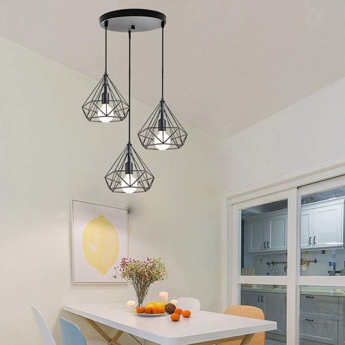 Suspension Industrielle Diamant 3 Lumière Abat-jour Métal Pour Restaurant Salle Chambre Noir